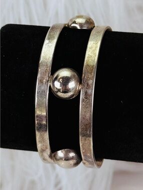 Vintage Aged Silvertone Bohemian Chic Dome Cuff Bracelet